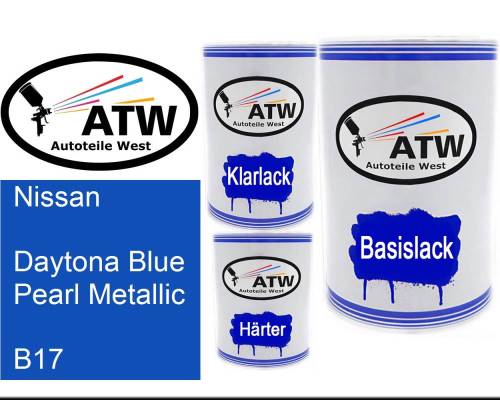 Nissan, Daytona Blue Pearl Metallic, B17: 500ml Lackdose + 500ml Klarlack + 250ml Härter - Set, von ATW Autoteile West.